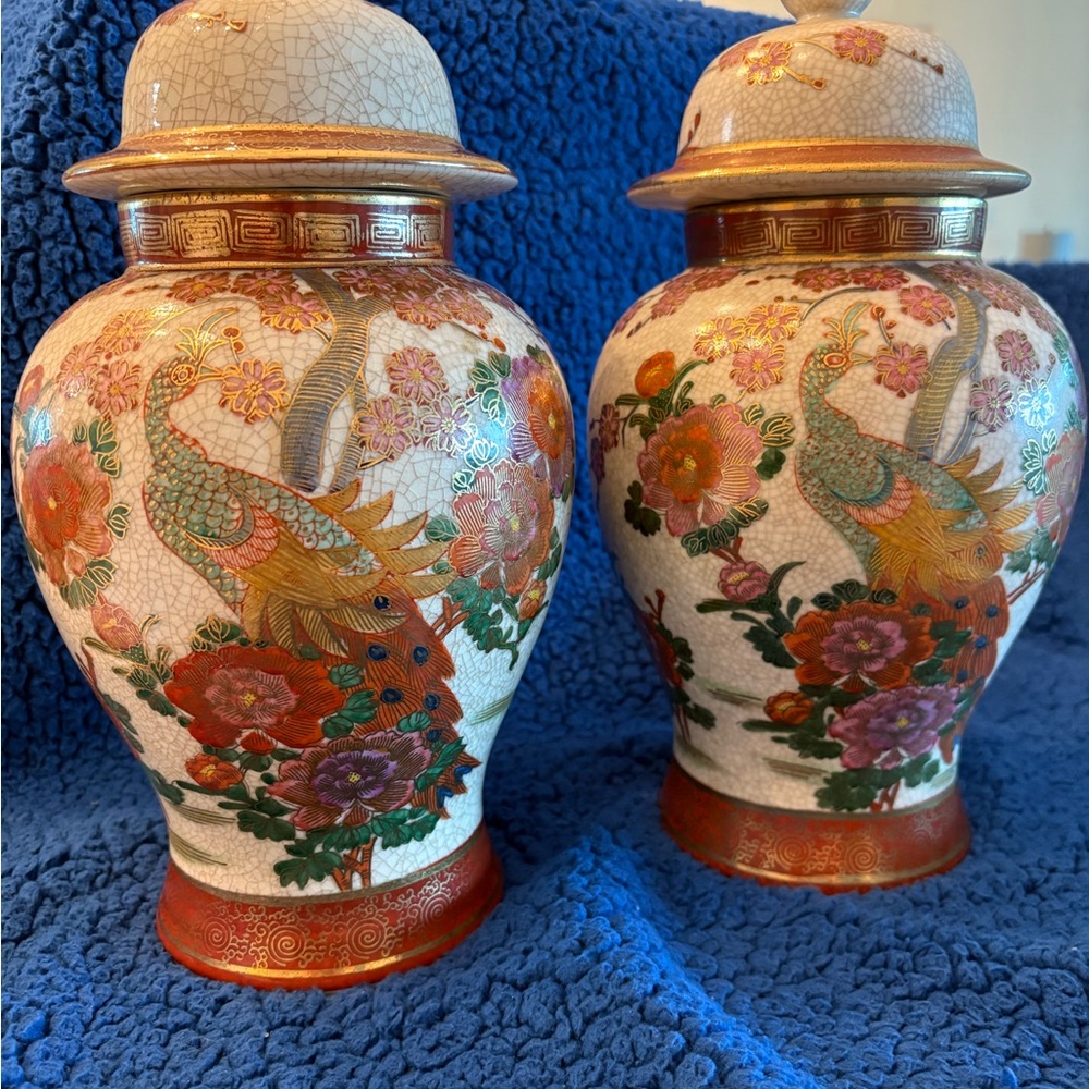 Vintage Crackle-Glaze Ginger Jars – 13” Matching Pair